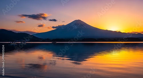 Mount Fuji Reflecting in Lake at Sunset - A Serene Landscape.