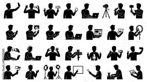 Collection of Silhouette Icons Depicting People Using Various Digital Devices and Recording Equipment for Content Creation.