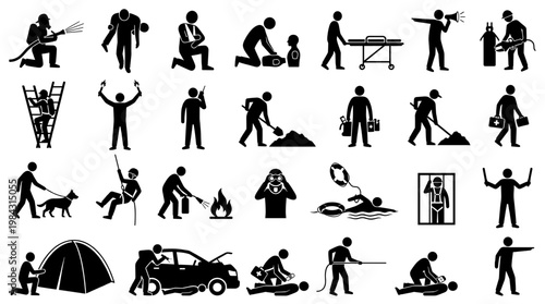 Collection of black and white pictograms illustrating various rescue, safety, and emergency response scenarios.