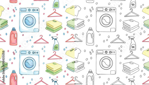 Colorful vector illustration of laundry doodle pattern symbolizing cleaning and household chores