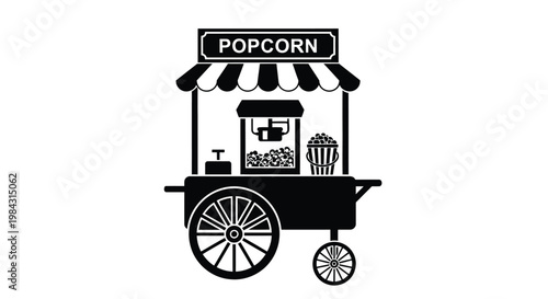 A classic black silhouette depicts a vintage popcorn stand with a striped awning offering a sweet treat silhouette high quality professional detailed modern elegant