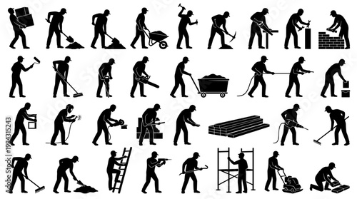 Collection of Silhouettes Depicting Various Construction and Manual Labor Activities.