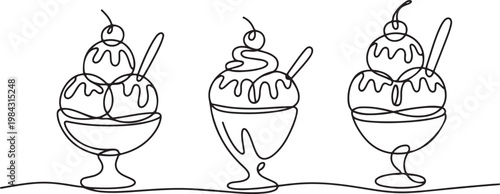 Ice cream sundae continuous line drawing set. One line art of dairy produce, milk products, food.one line drawing vector illustration