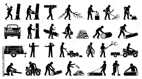 Collection of Silhouettes Depicting Various Outdoor Work Activities Related to Forestry and Landscaping.