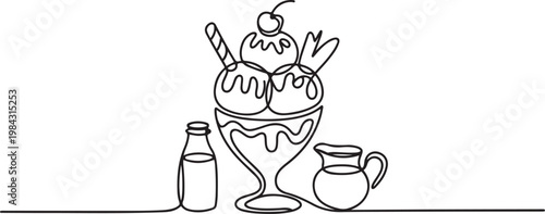Ice cream sundae continuous line drawing set. One line art of dairy produce, milk products, food.one line drawing vector illustration