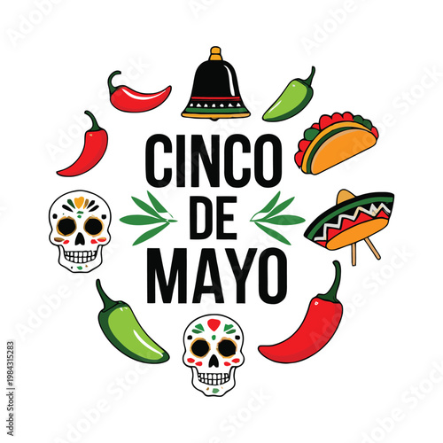 Minimal Cinco de Mayo typography with chili, taco and sombrero icons. Clean modern composition for branding, apparel and posters.