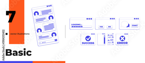 Basic chat and system neo brutalism line popup window pack. Loading bar. Success and error dialog boxes. Interface elements collection in neubrutalism outline style. Monochrome Y2K UX design