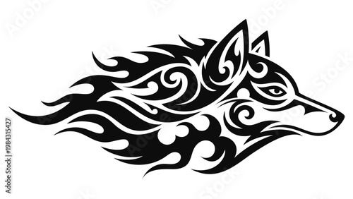 Tribal Wolf Head Flame Style Vector Tattoo Illustration
