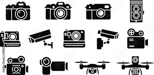 Camera icons set: various camera types and surveillance equipment with digital camera, film camera