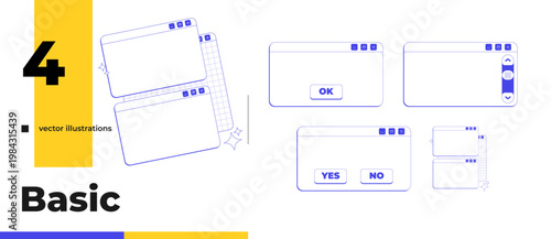 Essential blank neo brutalism line popup window pack. Confirmation dialog boxes. Layered panels. Scroll bar. Interface elements collection in neubrutalism outline style. Monochrome Y2K UX design