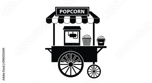 A stark black design showcases a vintage popcorn stand with a striped awning offering a classic concession experience a striking silhouette high quality professional
