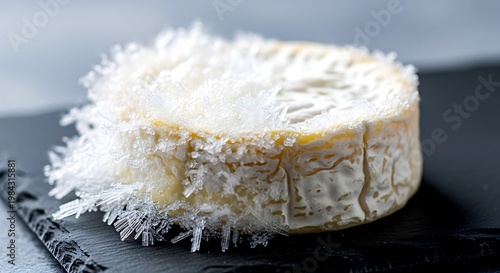 Wabi-sabi aesthetic. ice crystals forming on the surface of a young, bloomy-rind cheese (like a Camembert). slightly frozen for a modern dessert, creating a fragile frost layer 