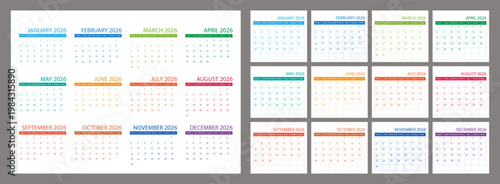 Calendar 2026 year, schedule month calender, European organizer template. Week starts on Monday. Business personal page. Modern simple dairy. Vector illustration