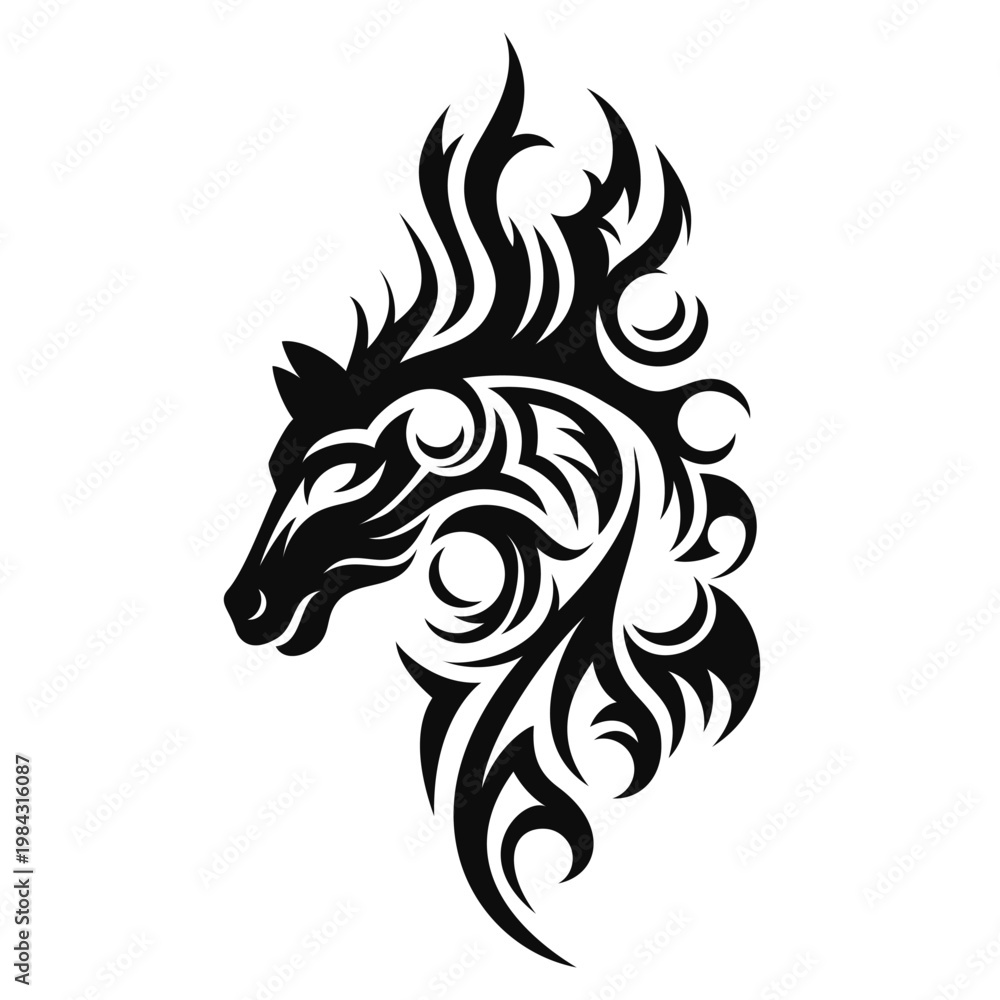 Fototapeta premium Tribal Horse Head Tattoo, Black Flame Ornament, Abstract Animal Logo Design