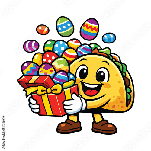 Cute taco mascot holding gift with colorful candies. Fun cartoon character perfect for kids designs, stickers and playful branding.