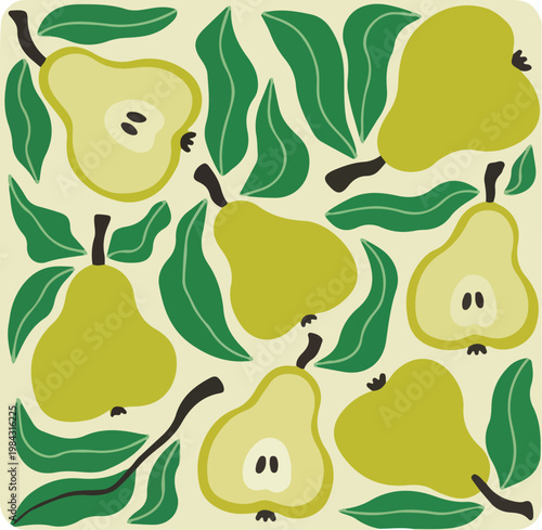 Vibrant green pears and leaves pattern on cream background