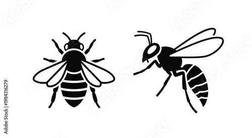 Two bee illustrations in a bold graphic style silhouette