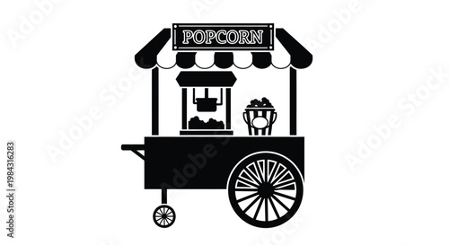 A classic black and white illustration depicts a vintage popcorn cart with a striped awning showcasing a delightful snack vendor silhouette high quality professional