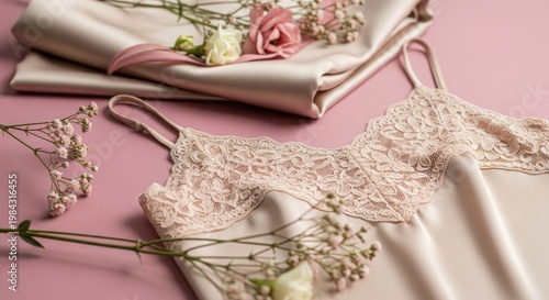 Woman silk camisole with lace detail and flower on pink background. Elegant luxury sleepwear for bridal collection. Feminine fashion accessory design, romantic style clothing photography.