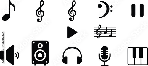 Music and audio icons: musical notes playback controls instruments with musical note, treble clef