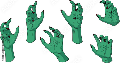 Creepy Green Zombie Hand Collection with Claw Gestures and Scary Undead Fingers, Horror Halloween Vector Illustration Set for Spooky and Dark Design.