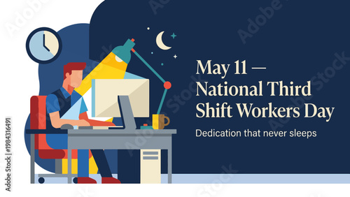National Third Shift Workers Day with man working at computer at night, late shift productivity and remote work concept, modern flat vector illustration