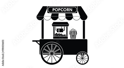 A simple black and white illustration depicts a classic popcorn stand with a striped awning and a full bucket silhouette high quality professional detailed