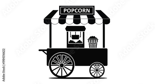 A striking black and white image depicts a classic popcorn stand with a striped awning showcasing a retro aesthetic silhouette high quality professional detailed