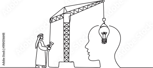 Single continuous line drawing Arab man controls crane inserts lightbulb into big open silhouette of a head.one line drawing vector illustration