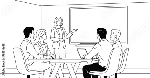 A confident female presenter leads a business meeting, actively engaging a diverse group of attentive professionals in a corporate boardroom setting.