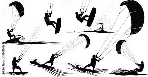 Dynamic vector illustration collection showcasing various athletic kitesurfing poses and exhilarating actions on water with large kites, perfect for extreme sports graphic designs.