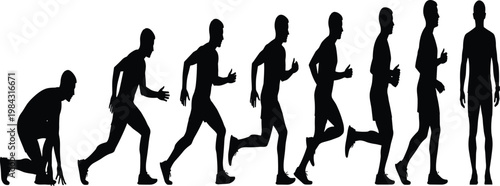 Running Man Silhouette Sequence Showing Human Movement Progression from Start to Finish, Athletic Motion Stages Vector Illustration for Sports and Fitness Concept.