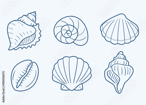 Seashell Doodle Set Blue Line Art Marine Shell Collection on Light Background