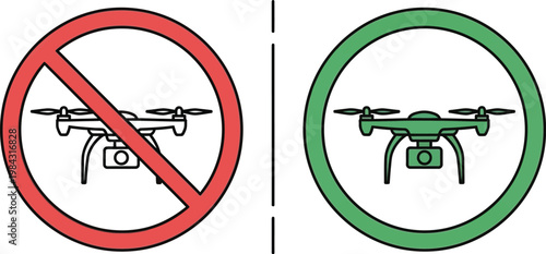 A clear vector graphic illustration showcasing drone allowed and prohibited signs, emphasizing flight regulations, airspace restrictions, and public safety guidelines design.