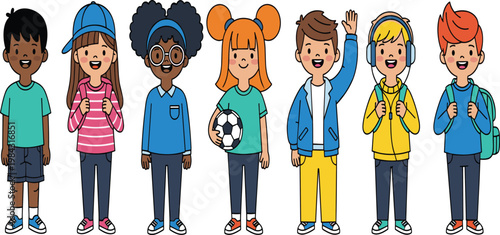 Diverse Happy School Kids Standing Together with Backpacks and Soccer Ball, Cute Multicultural Children Characters Vector Illustration for Education and Childhood Concept.