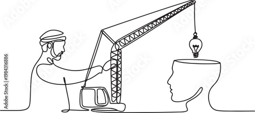 Single continuous line drawing Arab man controls crane inserts lightbulb into big open silhouette of a head.one line drawing vector illustration