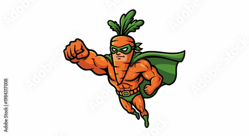 Muscular carrot superhero in green cape and mask flies forward