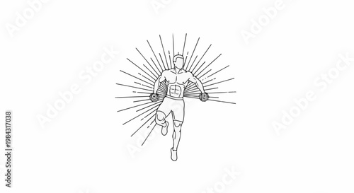 Muscular figure in dynamic pose with radiating lines and dumbbells