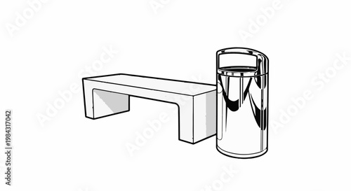 Modern bench and cylindrical trash receptacle, simple line art