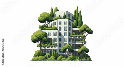 Modern building with lush green trees and plants