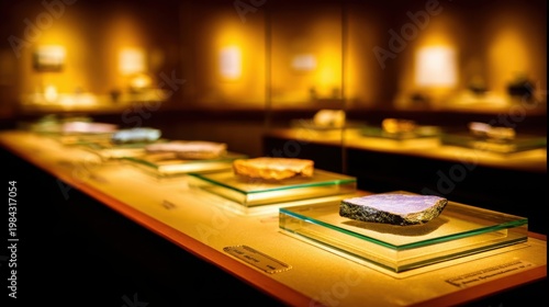 Museum display showcasing raw mineral specimens on illuminated glass shelves, highlighting geological wonders.