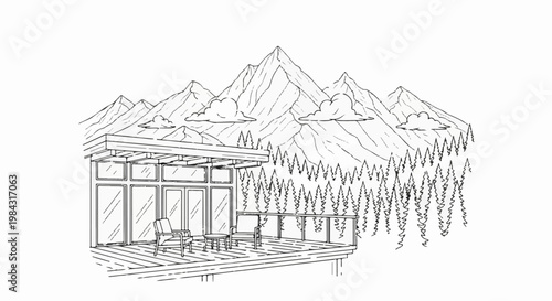 Modern cabin deck overlooks pine forest and majestic mountain peaks