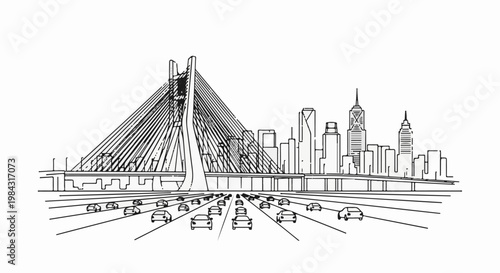Modern cable-stayed bridge spans over a busy highway with city skyline backdrop