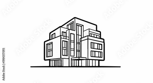 Modern cubic building with many windows and geometric shapes