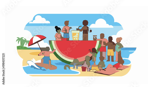Summer beach fun people surfing sunbathing watermelon vector