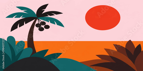 Tropical beach scene with palm trees by the ocean at sunset in a peaceful summer paradise