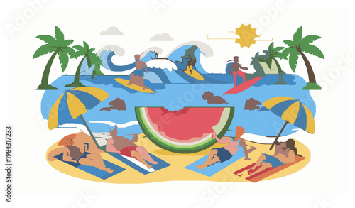 Beach summer party friends family fun activity vector illustration