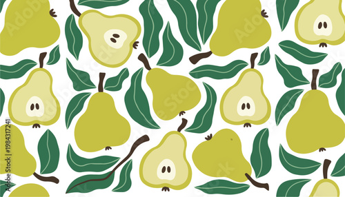 Vibrant cartoon pear pattern with green leaves on white background