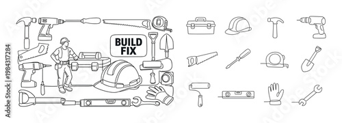 Construction worker and tools illustration with "Build Fix" text