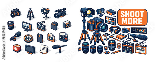 Collection of isometric video production and photography equipment icons